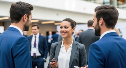 Three business professionals in a conference setting, engaged in conversation.