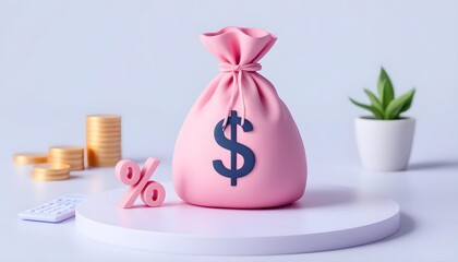 3d render illustration of a money bag with dollar sign surrounded by a stack of coins, a calculator, a small potted plant and a percentage symbol with a financial themed aesthetic.