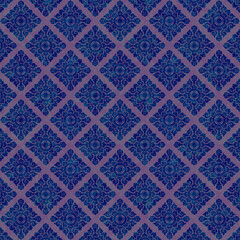 Elegant vintage damask pattern with deep blue floral motifs on a soft purple background