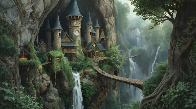 Fantasy Castle in the Woods with Waterfall and Bridge