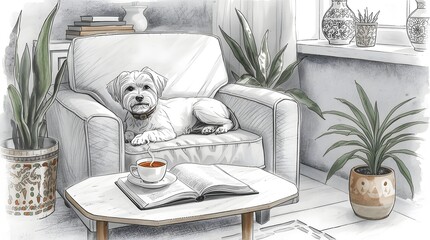 Home Dog Relaxing, Couch, Plants, Coffee Cup, Living Room