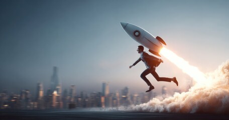 Naklejka premium Businessman Rocket Launch: Skyrocketing to Success