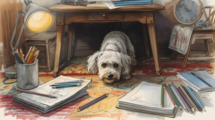 Dog Under Desk in Art Studio