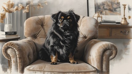 Dog sitting on a chair in a room with a couch and a vase