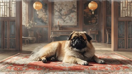 Shaggy Dog Resting in Asian-Themed Room with Oriental Rug