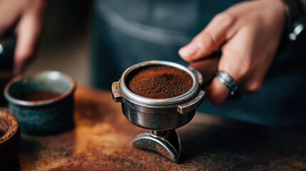 barista hand tamping coffee