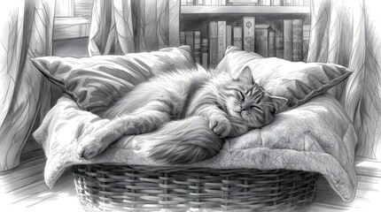 Cat sleeping on a wicker basket with a cozy blanket