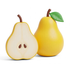 A 3D illustration of a whole yellow pear and a half-cut pear revealing the inside with seeds, set against a clean white background.