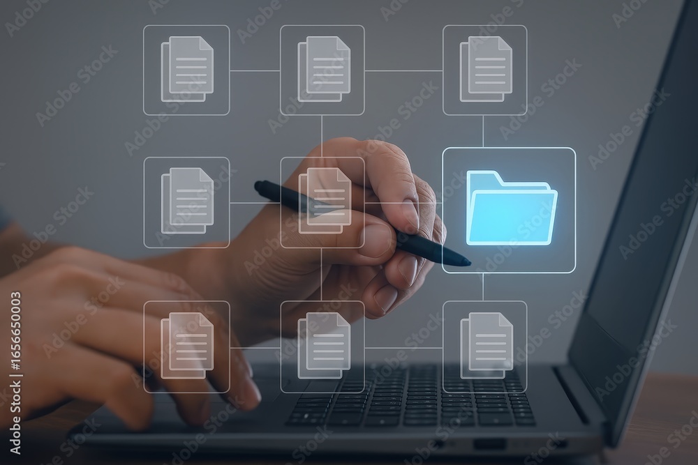 Poster hands interacting with a digital file system interface, highlighting the organization of documents a