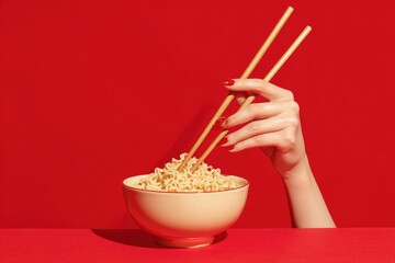 Woman's hand with red nails holds chopsticks over a bowl of instant noodles against a red background