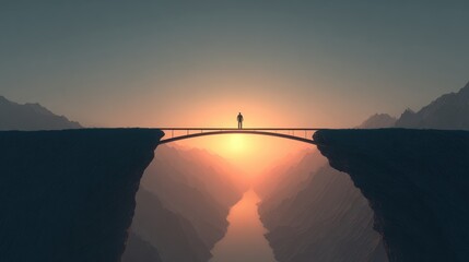 Solitary Figure on a Bridge Over a Misty Valley at Sunset