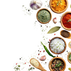 Assorted spices and herbs arranged in a visually appealing design