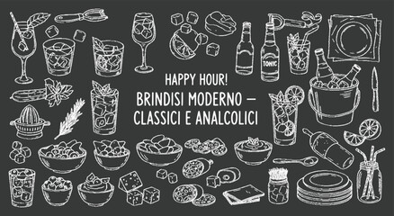 Chalkboard Bar. Happy Hour. A hand drawn chalk vector set of classic and non-alcoholic cocktails, barware, and snacks for a pub menu, blackboard promotion, or a party invitation design.