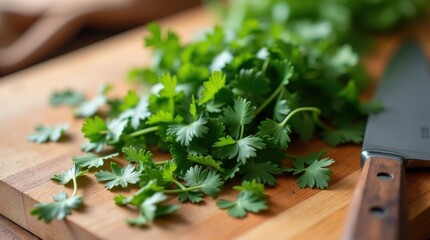 Diced fresh coriander herbs spread across rustic wood surface showing culinary knife work and cooking process

