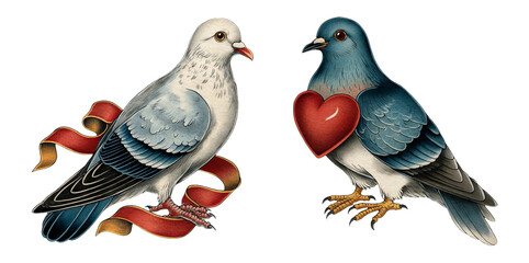 Fototapeta premium Detailed Illustrations of Two Pigeons with Ribbons on Transparent Background