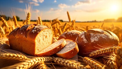 Fresh loaves of bread in a golden field
