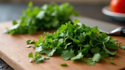 Diced fresh coriander herbs spread across rustic wood surface showing culinary knife work and cooking process

