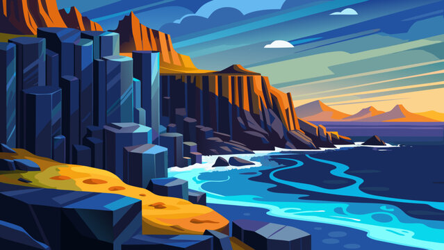 Dramatic coastal landscape with hexagonal basalt columns and warm sunset light illuminating cliffs