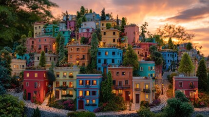 Vibrant miniature townscape with colorful buildings and lush greenery at sunset