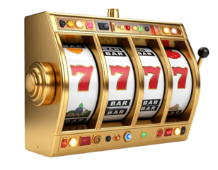  Angled Golden Slot Machine with Neon Lights, Transparent PNG