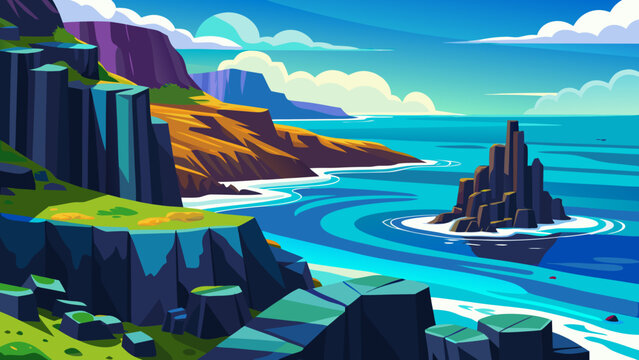 Stylized illustration of a dramatic coastal landscape with jagged cliffs and a sea stack under a bright blue sky