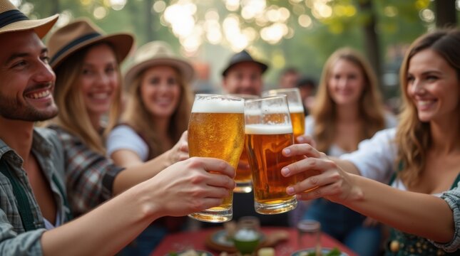 Happy diverse people in lederhosen and dirndl raising steins together at German beer festival gathering