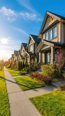 Row Of Modern Houses With Pathway And Autumn Foliage