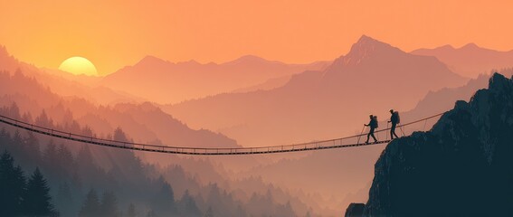Two hikers cross a mountain rope bridge at sunrise