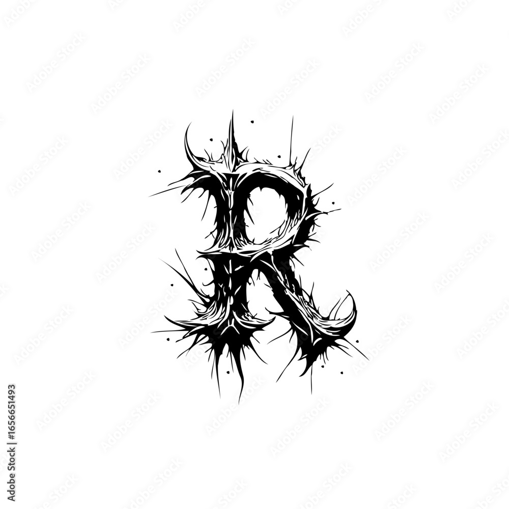 Poster elegant gothic letter r illustration featuring intricate dark thorns creating a unique design concep
