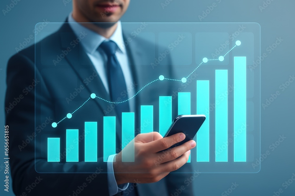 Poster a businessperson in a suit examines a growing graph displayed on a smartphone screen, highlighting d