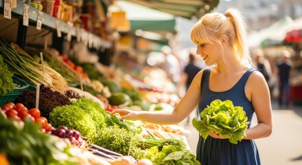 A woman shopping at a market, selecting fresh vegetables.