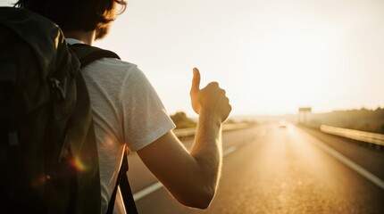 Male traveler standing on roadside with raised thumb gesture catching ride on scenic country highway background

