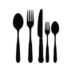 Elegant black and white minimalist flatware cutlery set for dining occasions, kitchenware spoon silhouette vector illustration