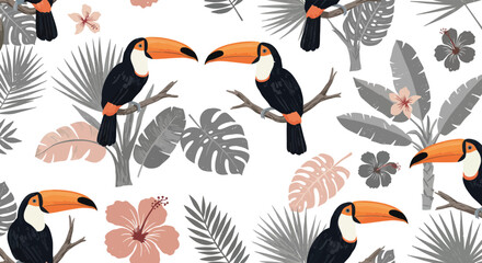 Seamless pattern with toucans and tropical leaves isolated on white background, a vibrant and exotic design for textiles and wallpapers, perfect for summer vibes