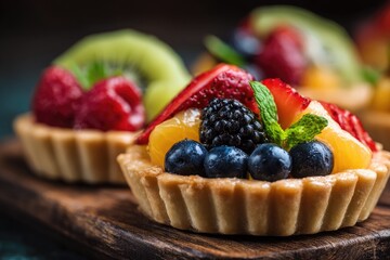 Close-up of fruit tarts on a wooden board