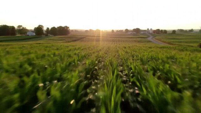 An abstract view of a verdant farm field during a beautiful sunset, with significant motion blur and digital pixelation creating a unique visual texture.