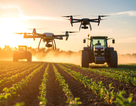 Modern farming utilizes advanced technology with drones flying over fields and tractors working land, showcasing innovation