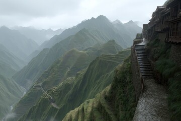 Misty mountain range with terraced fields and ancient pathway
