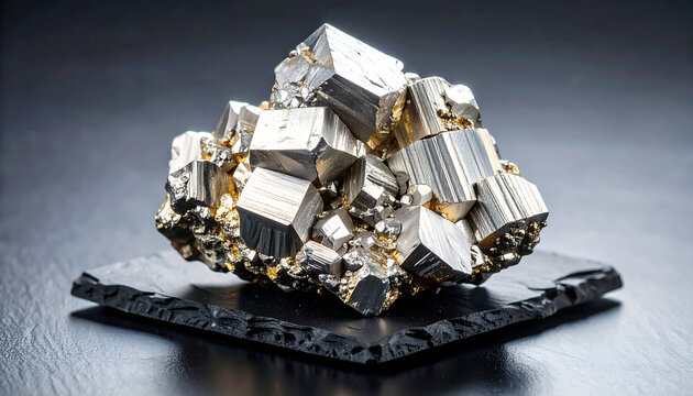 Shiny metallic mineral cluster with cubic crystals black base, showcasing intricate geometric patterns and striking appearance - Powered by Adobe