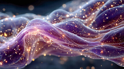 abstract visualization of flowing purple and pink waves of translucent energy intertwined with luminous particles