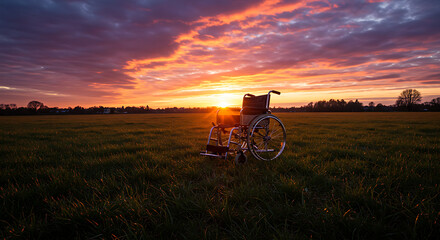 Obraz premium Wheelchair at sunset in a tranquil field.