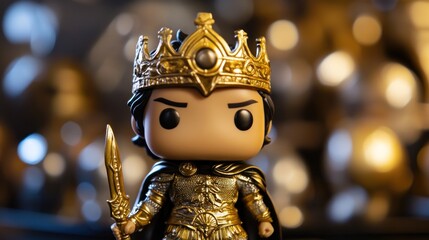 A golden figurine of a warrior king with a crown and spear, set against a blurred background.
