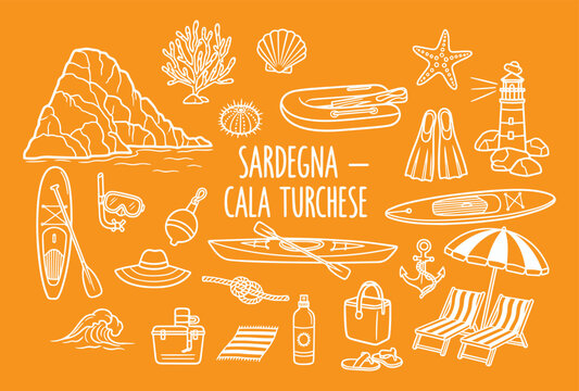 Sardinia. Italy. Sea Adventure. Vector doodle set of beach and water sports icons like a kayak, snorkel, and dinghy for a travel poster, tourism brochure, or summer t-shirt design.