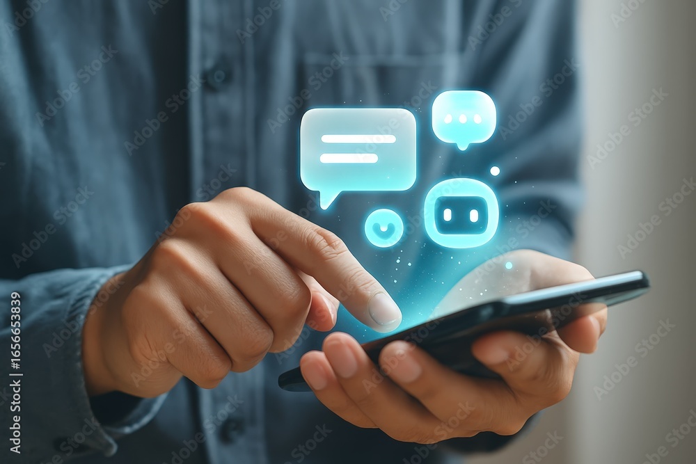 Poster Hands interacting with a smartphone displaying glowing communication icons, suggesting a digital messaging experience.
