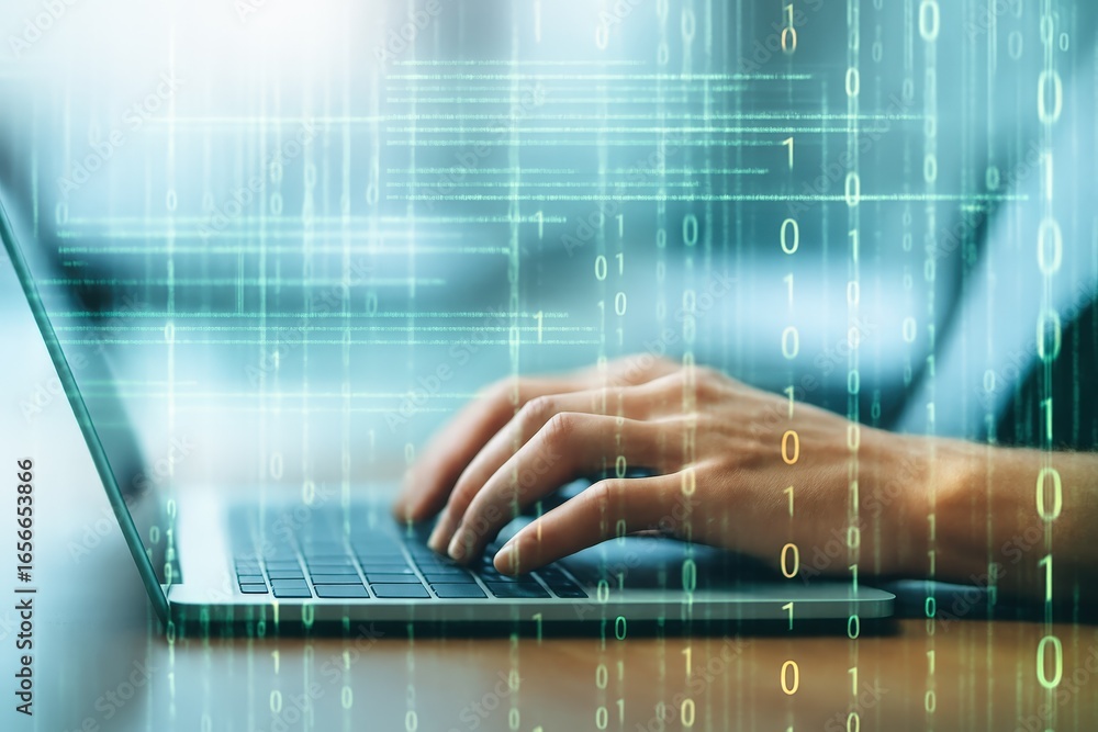 Poster hands typing on a laptop keyboard overlaid with digital binary code, showcasing the concept of compu
