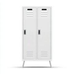 White metal locker with two doors,  small handles, and tapered legs