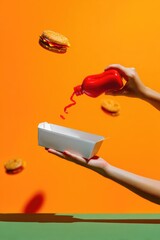 Hands pouring ketchup onto a tray of burgers