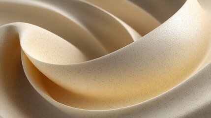 Satin-textured cream band swirl with gold-speckled reflections, light-shadow stratification and layered curvature creating particulate fluid dynamics