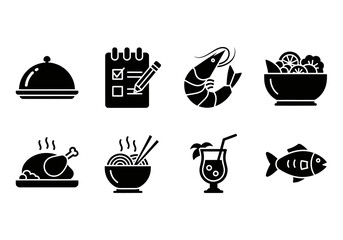 Assorted Culinary Icons: A collection of assorted culinary icons in a flat design. Perfect for food-related projects, these minimalist illustrations showcase the essence of food items, and beverages.