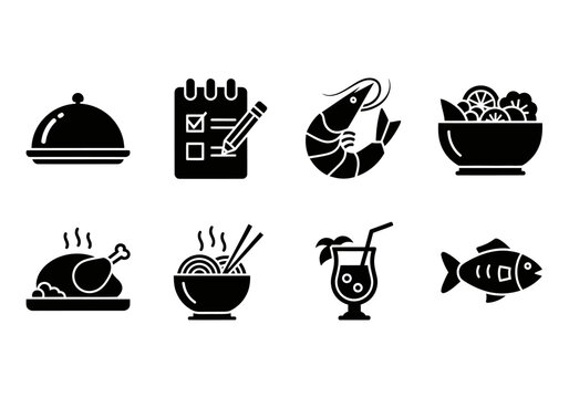 Assorted Culinary Icons: A collection of assorted culinary icons in a flat design. Perfect for food-related projects, these minimalist illustrations showcase the essence of food items, and beverages.